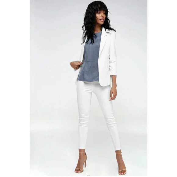 Lulu’s Women’s Size M Pep Talk Slate Blue Striped Peplum Top - Picture 2 of 11